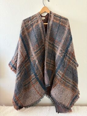 Cost Plus World Market Plaid Fringe Poncho - Brown & Blue